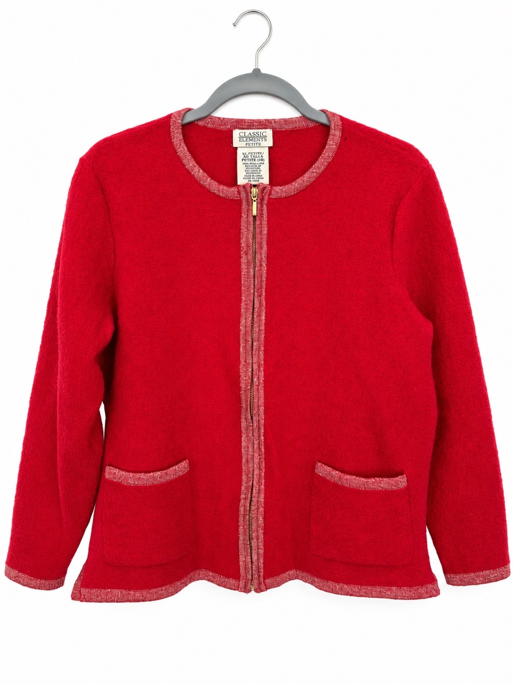 100% Wool Red Zip Cardigan XL Petite 18 Y2K Preppy Granny Sweater
